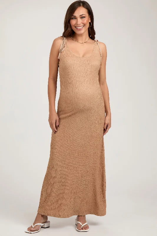 Mocha Textured Tie Strap Maternity Midi Dress