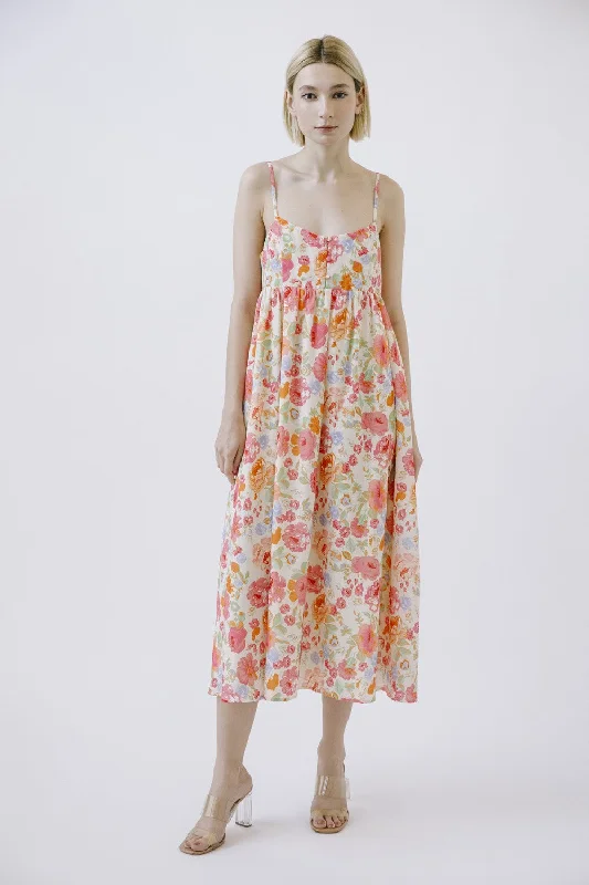 Multi Color Floral Button Front V-Neck Midi Dress