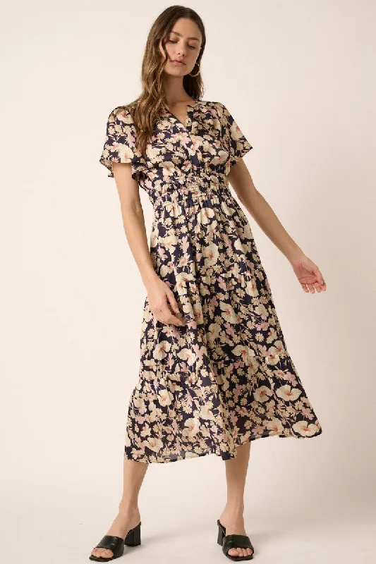 Navy Flower Print Placket Front Midi Dress