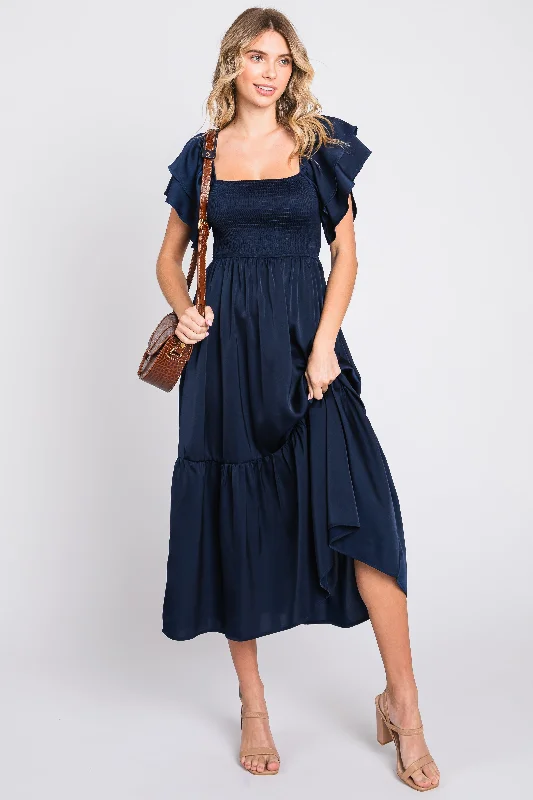 Navy Satin Flutter Sleeve Midi Dress