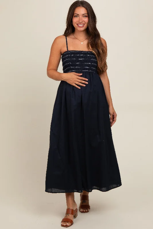 Navy Square Neck Maternity Midi Dress