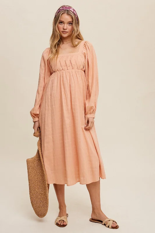 Peach Criss Cross Front Square Neck Long Sleeve Midi Dress