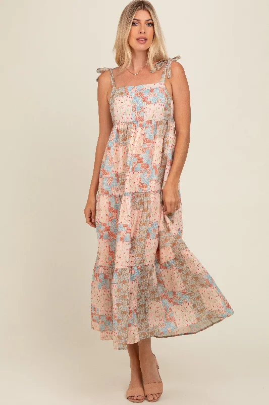 Peach Patchwork Print Shoulder Tie Tiered Midi Dress