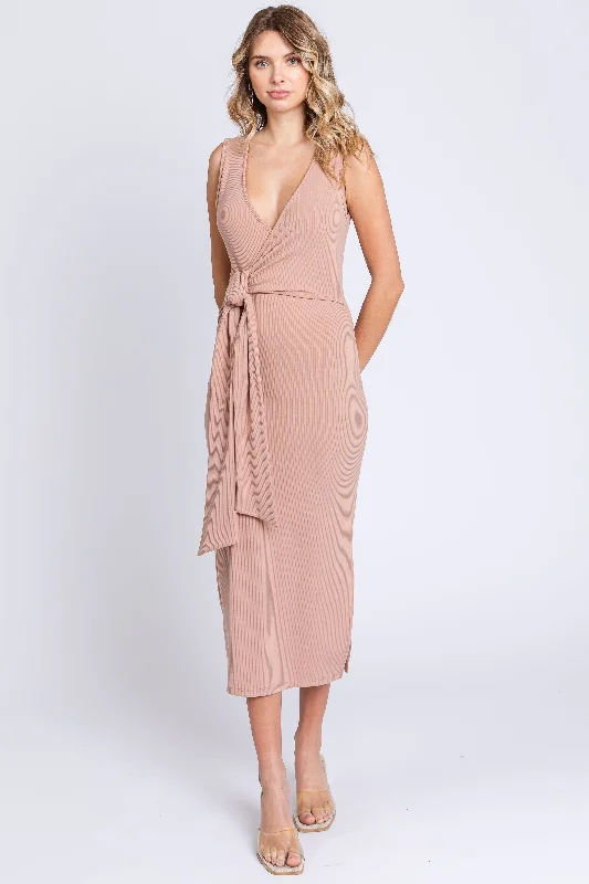 Peach Rib Knit Side Tie Midi Dress