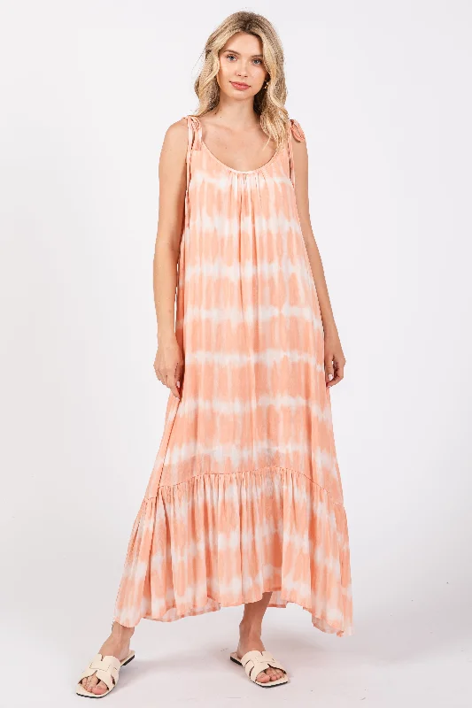 Peach Tie Dye Tie Strap Midi Dress