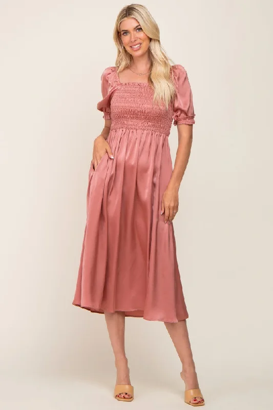 Pink Satin Puff Sleeve Midi Dress