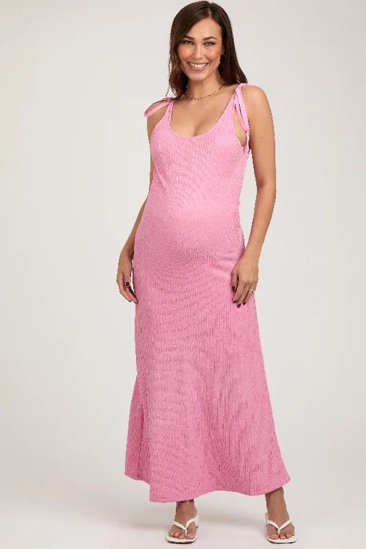 Pink Textured Tie Strap Maternity Midi Dress