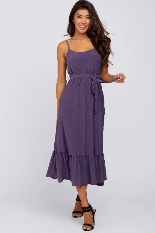 Purple Waist Tie Ruffle Hem Midi Dress