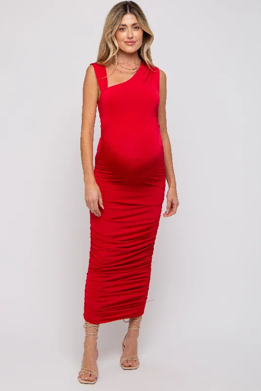 Red Asymmetrical Ruched Maternity Midi Dress