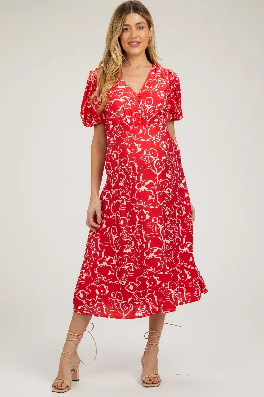 Red Floral Button Front Short Sleeve Maternity Midi Dress