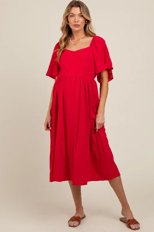 Red Flutter Short Sleeve Back Tie Cutout Maternity Midi Dress