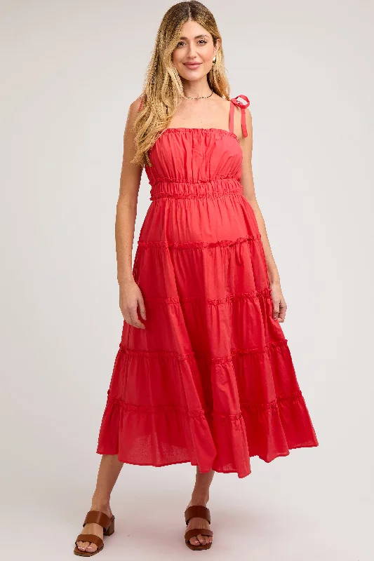 Red Tiered Tie Strap Maternity Midi Dress