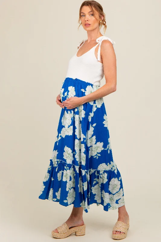 Royal Blue Floral Colorblock Maternity Midi Dress