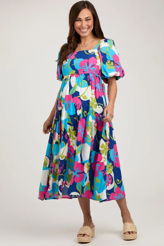 Royal Floral Tiered Puff Sleeve Maternity Midi Dress