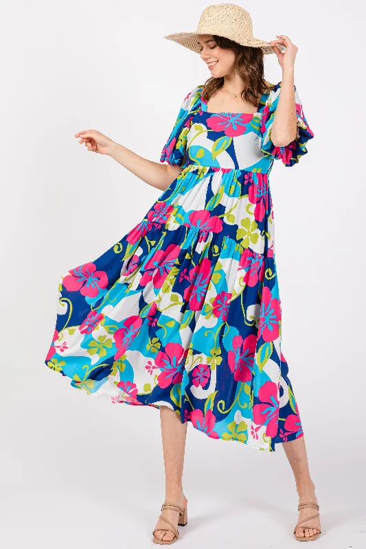 Royal Floral Tiered Puff Sleeve Midi Dress