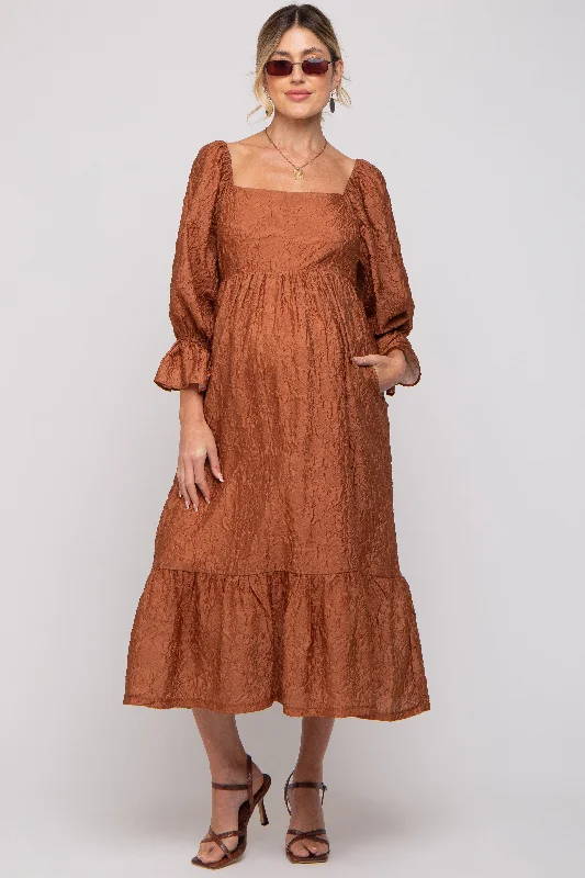 Rust Metallic Jacquard Floral Maternity Midi Dress