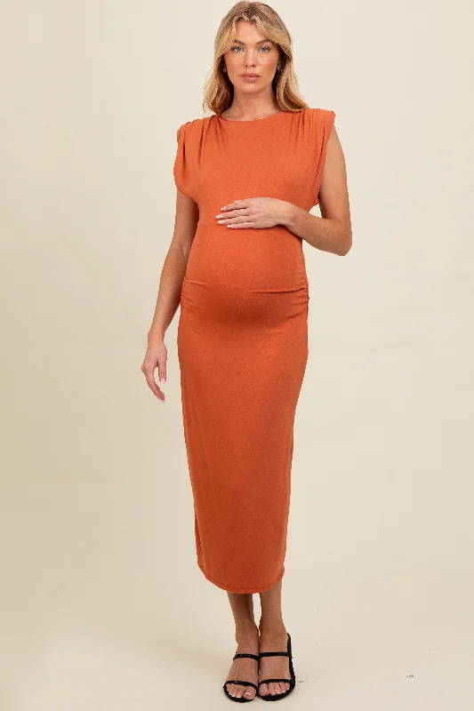 Rust Padded Shoulder Fitted Maternity Midi Dress