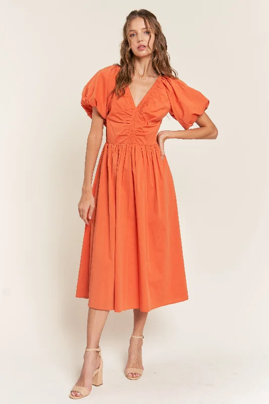 Rust V Neck Midi Dress