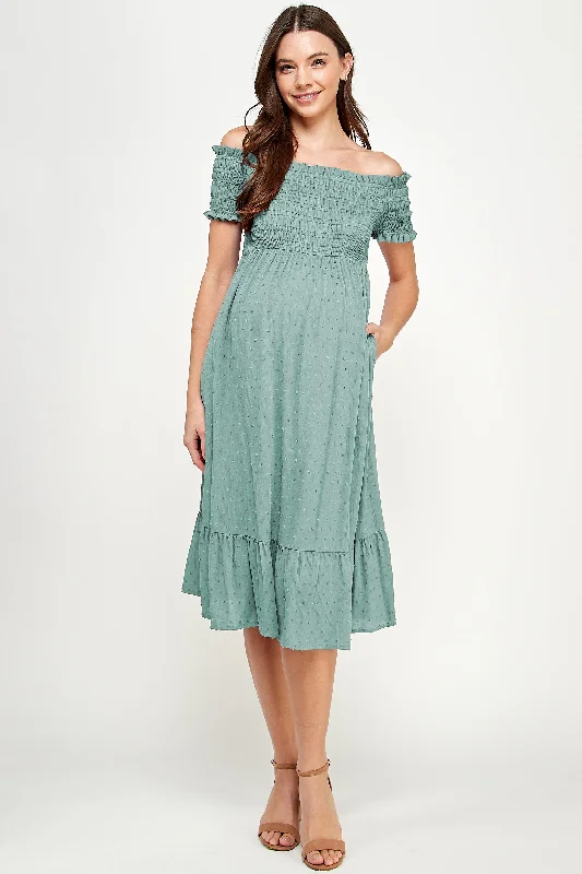 Smocked Off Shoulder Maternity Midi Dress