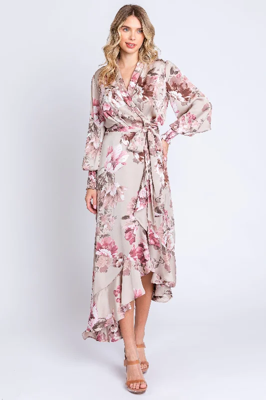 Taupe Satin Asymmetrical Flounce Trim Midi Dress