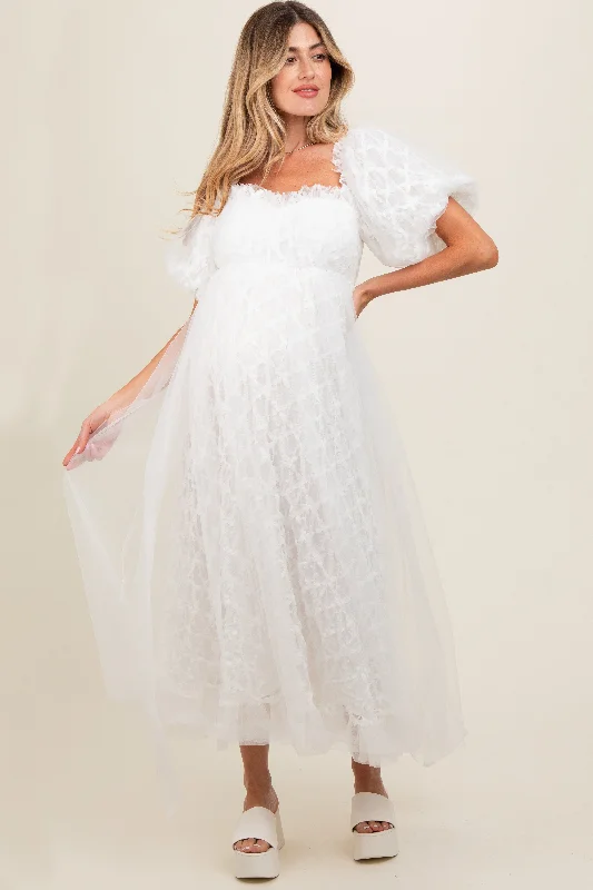 White Balloon Sleeve Embroidery Mesh Maternity Midi Dress