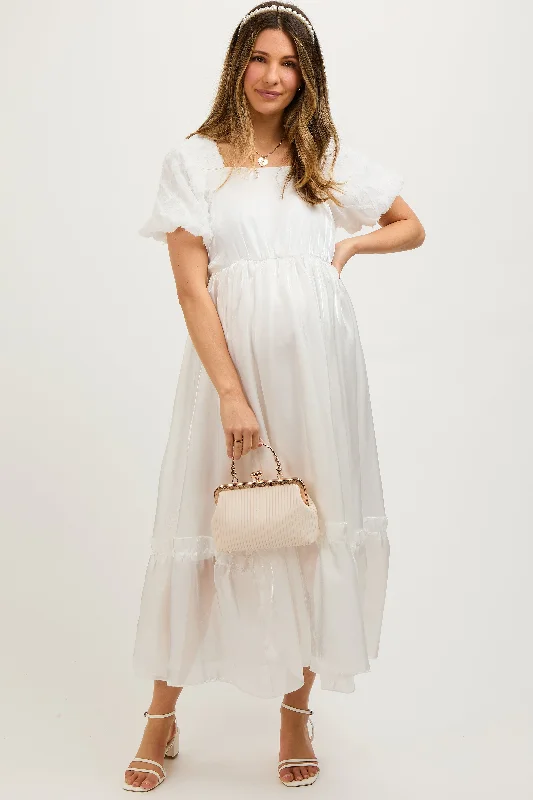 White Iridescent Textured Puff Sleeve Maternity Midi Dress