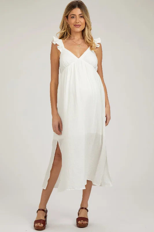 White Ruffle Strap Maternity Midi Dress