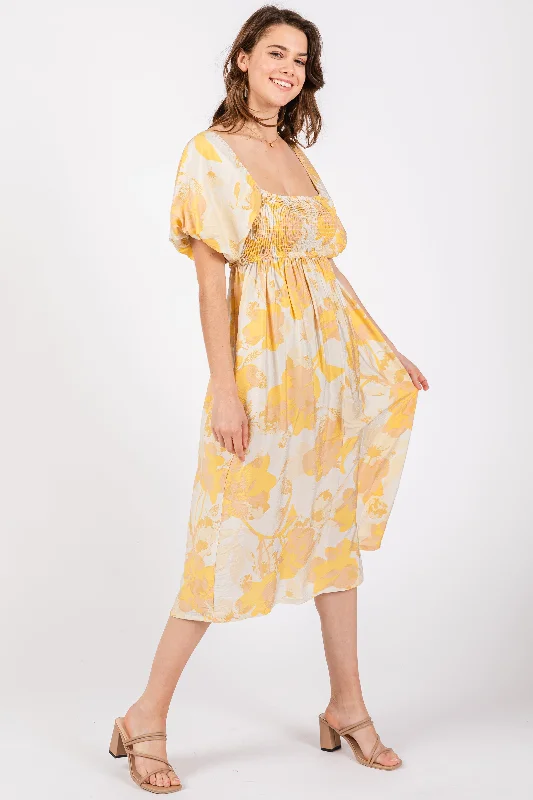 Yellow Floral Square Neck Smocked Short Puff Sleeve Midi Dress