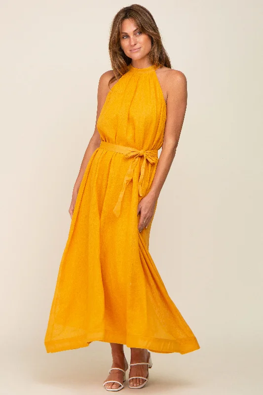 Yellow Linen A-line Midi Dress