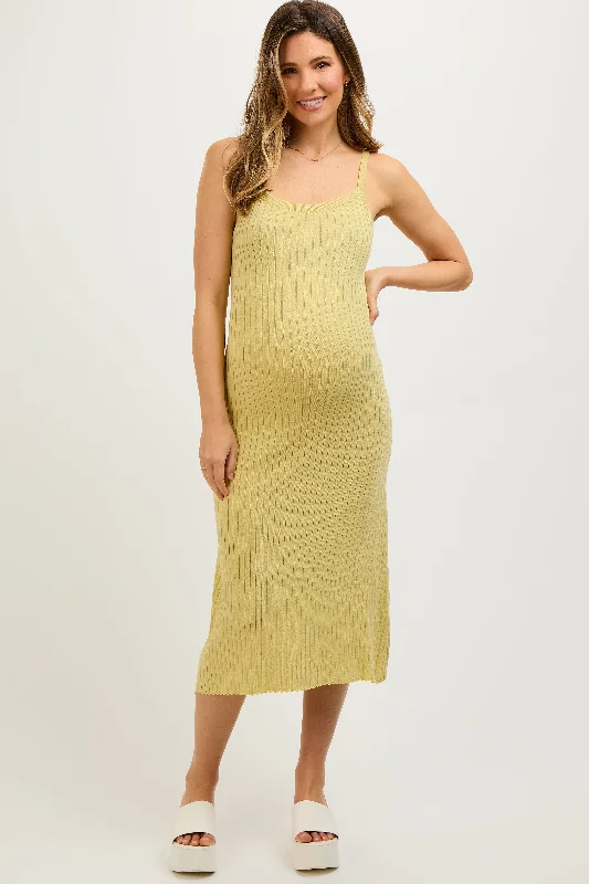 Yellow Square Neck Ribbed Sleeveless Maternity Midi Dress