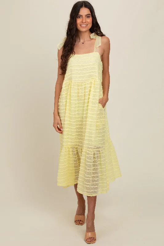 Yellow Textured Shoulder Tie Midi Dress